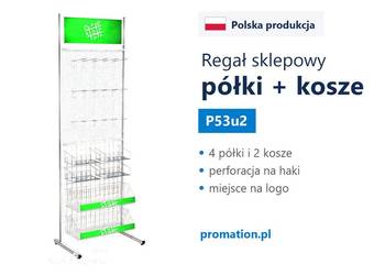 Stojak reklamowy z koszem i hakami, ekspozytor sklepowy na zawieszki P53u2
