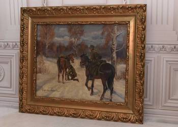 Wojciech Kossak - Ułani Na Koniach - Polski Zimowy Stary Obraz Olejny