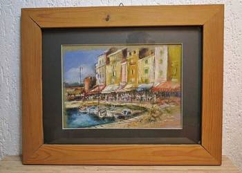 Sygnowany obraz pastel  „Cote d'Azur” - port, rama
