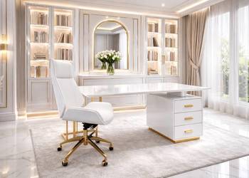 Zestaw mebli biurowych Avenis biało złote biurko 140 + fotel biurowy