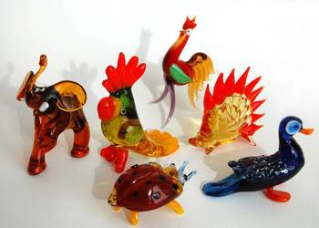Szklane zwierzątka, figurki ze szkła, kolorowe szkło PRL, vintage