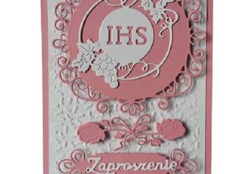 ZAPROSZENIA KOMUNIA DZIEWCZYNKA IHS Z WINOGRONEM RAMKA – B6 – RÓŻ – BIEL