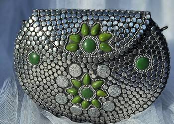 Torebka orientalna boho bohemian kopertówka metalowa retro kwiaty zielone k