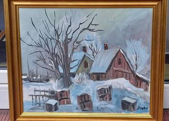 Zimowy pejzaż, obraz olejny, płótno, złota rama