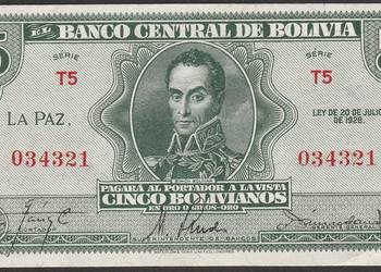 BOLIWIA 5 BOLIVIANOS 1928 - STAN BANKOWY - UNC -