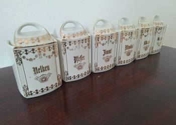 Stary komplet pojemników na przyprawy Art Deco Vintage Porcelana ze złoceni