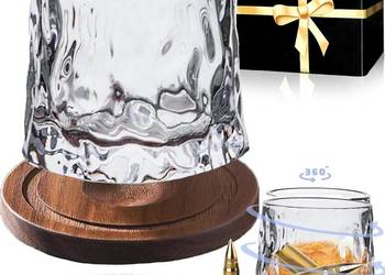 Obrotowa szklanka do whiskey 200 ml + dolna podstawka z ciemnego drewna