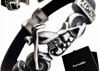 Bransoletka Męska Skórzana MOTOCYKL Stal 316L Prezent 22cm Skóra Naturalna