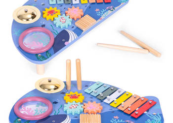 Stolik z instrumentami stół muzyczny cymbałki talerz perkusyjny tarka moty…