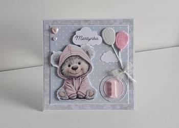 Kartka urodzinowa ręcznie robiona roczek, urodziny miś w kapturze