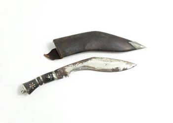 Oryginalny nóż Kukri (Nepal) – zdobiona rękojeść, pochwa skórzana – 31 cm