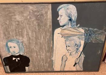 Duży zabytkowy obraz 102x72 postacie ludzkie i parasole