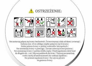 Naklejki ostrzegawcze etykiety na świece piktogramy 40 mm 200 szt hand made
