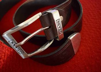 Pasek ,, Jeans'' z metalową klamrą i końcówką - solidna naturalna skóra