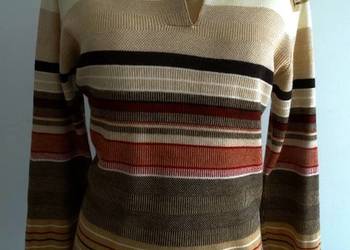 Sweter Benetton Wełniany Camelowy w Paski Modny Fason Polo Włoski L