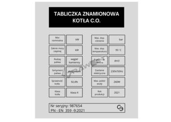 Tabliczka znamionowa KOTŁA C.O. na piec