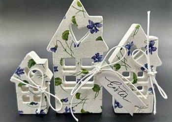 Zestaw 3 domków gipsowych ozdobionych techniką decoupage
