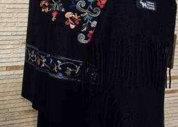 Piękny szal boho haft 50%kaszmir 50% wełna duży rozmiar 200x70 cm czarny