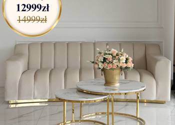 Ekskluzywna Sofa LONDON Beżowa Glamour 3 os. Złote Nogi -Welur Plamoodporny
