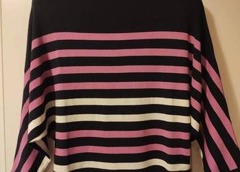 Nowy granatowy sweter nietoperzowy z rękawem ¾ z wiskozy w różowe i bi