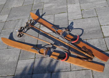 Stare  drewniane narty dziecięce 100 cm + kijki