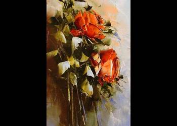 Kowalik - Czerwone róże - 20x40cm Obrazy Olejne Kwiaty Szpachla Faktura
