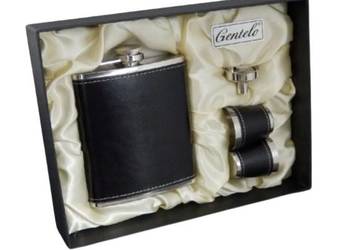 Piersiówka z Kieliszkami w Zestawie Obszyte Czarną Skórą + Lejek na Prezent