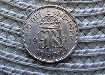 Wielka Brytania 6 Pensów 1945r - SREBRO