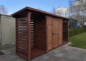 Domek narzędziowy z drewutnią, wiata na drewno, narzędziówka