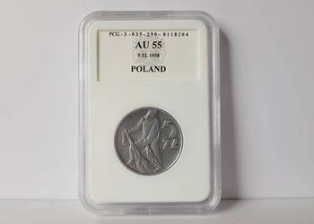 5 złotych Rybak 1958 rok , wąska 8 , AU55 holder PCG, PRL