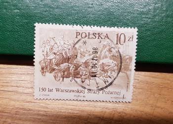 Znaczek 150 lat Warszawskiej Straży Pożarnej stempel Szczecin 10.12.86 r.