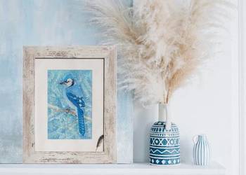 "Blue Jay" modrosójka błękitna, ptak, zima, akwarela Daniel Smith