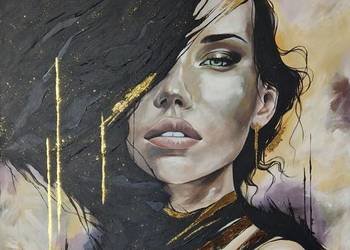 Nowoczesny obraz Portret kobiety, struktura farby, złoto 80x60cm