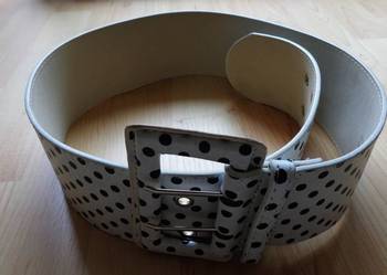 Pasek szeroki 7,5 cm biały w czarne groszki