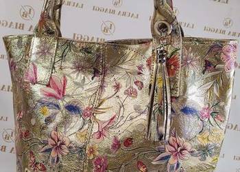 Torba skórzana Shopper złota w kwiaty Laura Biaggi