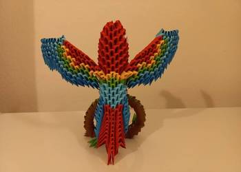 Kolorowa PAPUGA na gałęzi ptak - rękodzieło origami - prezent dekoracja