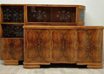 witryna z komodą art deco lata 60-te vintage design orzech przeszklona