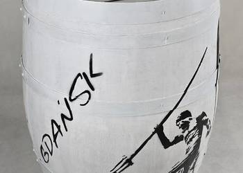 Beczka dębowa, biała, motyw Gdańsk, Neptun, Stocznia, Herb, Żuraw