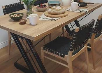 Designerski stół loftowy – stalowa podstawa, blat dąb, handmade