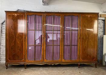 Barokowa szafa pięciodrzwiowa z witryną, intarsje, połysk