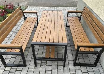 Nowoczesne dębowe meble ogrodowe Loft / Stół + 2 Ławki/ Zestaw ogród