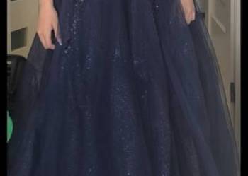 Granatowa błyszcząca sukienka tiulowa Diva Fashion S 36 gorset bal