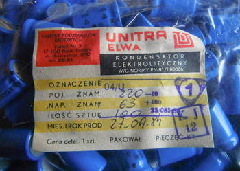 Kondensator 220uF 63V Unitra Elwa 04/U Nowe