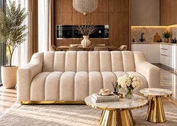 Ekskluzywna Sofa LONDON Beżowa Glamour 3 os. Złote Nogi -Welur Plamoodporny