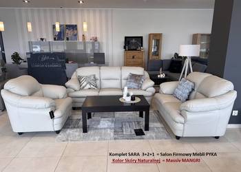 Nowy Komplet 3+2+1 SARA, Skóra Naturalna MASSIV Jasny Beż = MEBLE PYKA