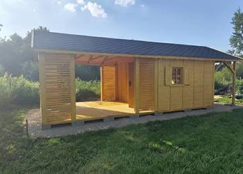 DOMEK SZYMEK 3x7,5m Impregnowany Taras z Żaluzjami +Drewutnia Podłoga