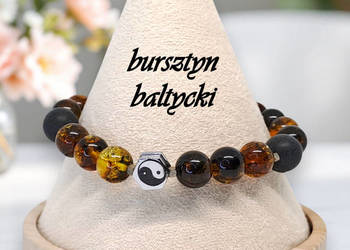 Bransoletka z bursztynu, bursztyn bałtycki, kulki, yin yang #828