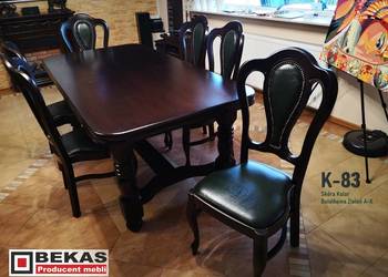 Komplet do Salonu Drewaniany Stół S-23 Dąb + 6 Krzeseł Skóra Materiał Bekas