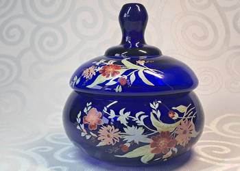 Ręcznie robiona bomboniera kobaltowa szkło artystyczne J. Bencal PRL