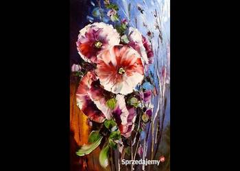 Kowalik - Malwy - 30x50cm Obraz Olejny Szpachla Kwiaty